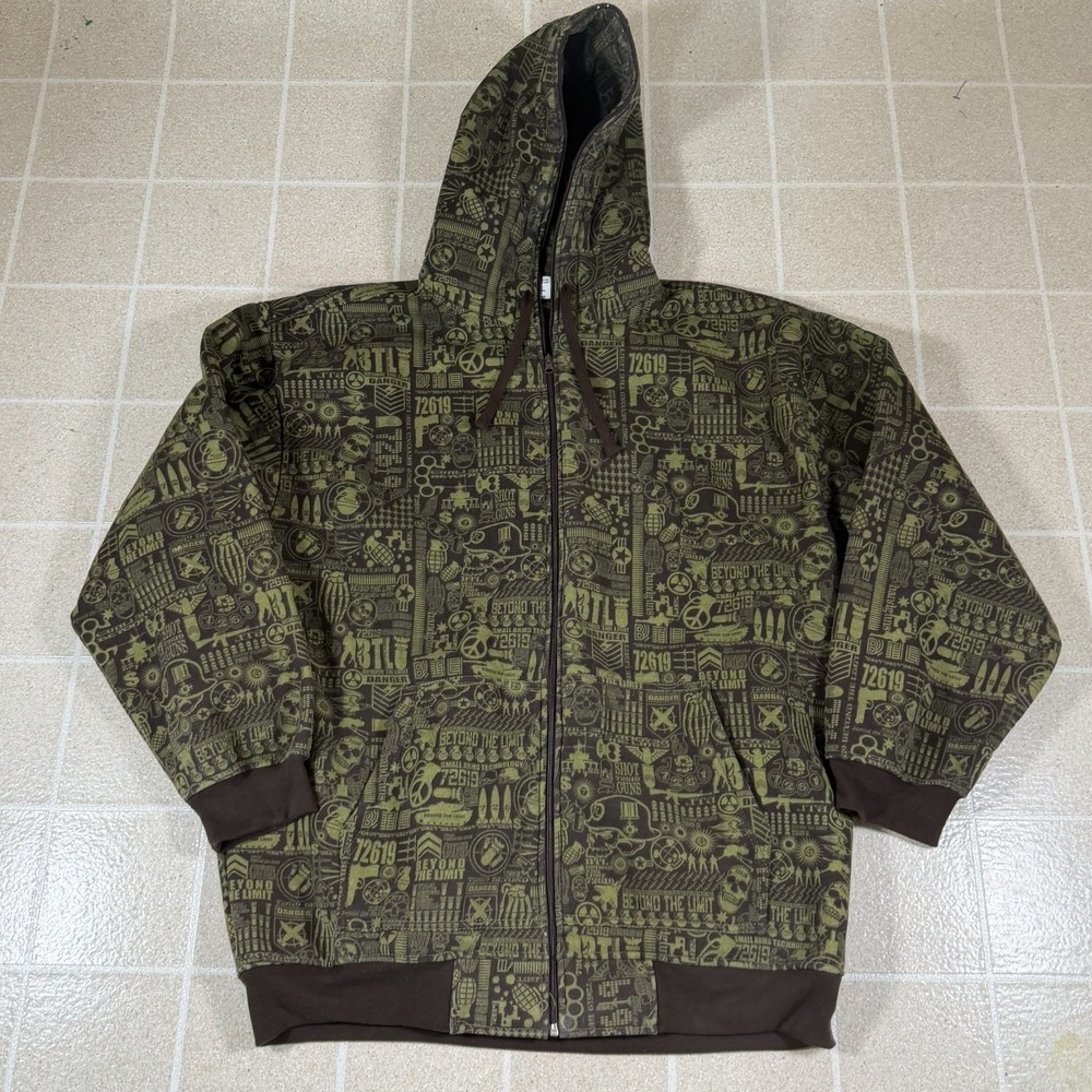 Vtg Y2K Beyond The Limit Full Zip Aop Hoodie Skull War Grunge Weapons 2XL BTL